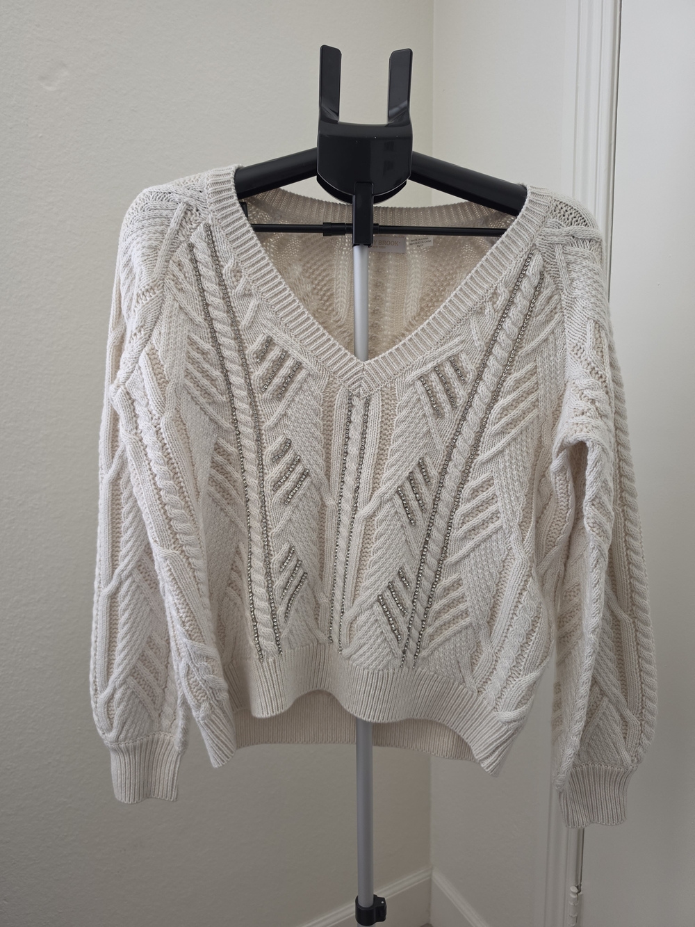 Ramy Brook Annabelle Embellished Cable Knit Sweater XS Ivory Rhinestone